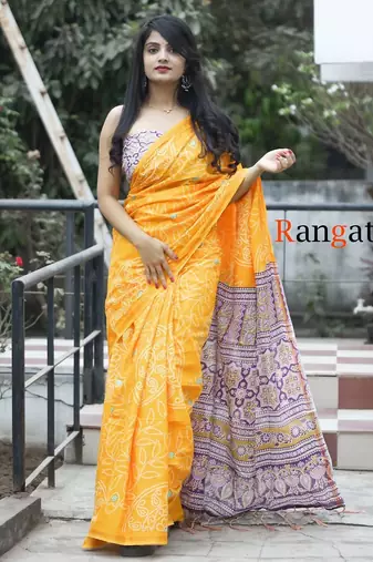 Yellow soft pure cotton printed  fancy saree with blouse