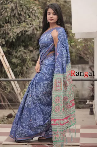 Blue soft pure cotton printed  fancy saree with blouse