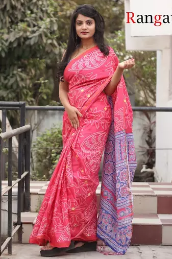 Pink soft pure cotton printed  fancy saree with blouse