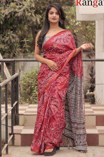 Maroon soft pure cotton printed  fancy saree with blouse