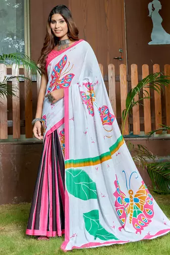 White pure bagru fancy hand printed sarees with blouse