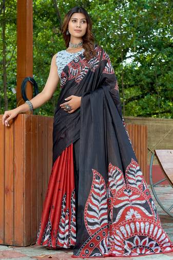 Black pure bagru fancy hand printed sarees with blouse