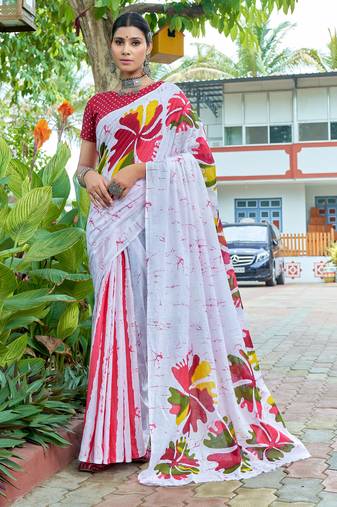 White pure bagru fancy hand printed sarees with blouse