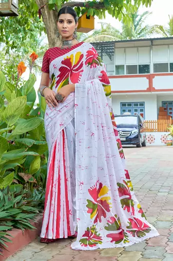White pure bagru fancy hand printed sarees with blouse