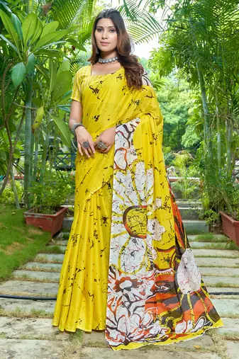 Yellow pure bagru fancy hand printed sarees with blouse