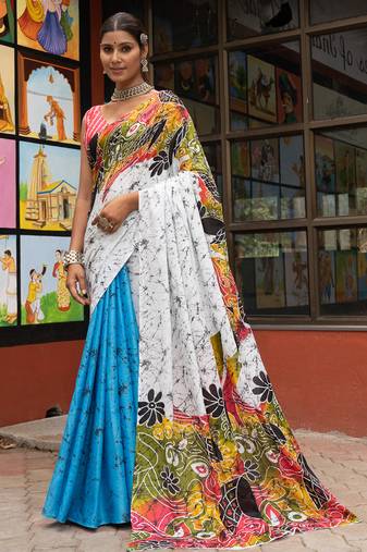 White pure bagru fancy hand printed sarees with blouse