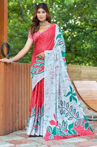 White pure bagru fancy hand printed sarees with blouse