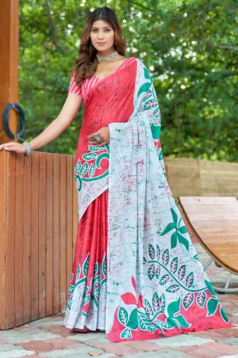 White pure bagru fancy hand printed sarees with blouse