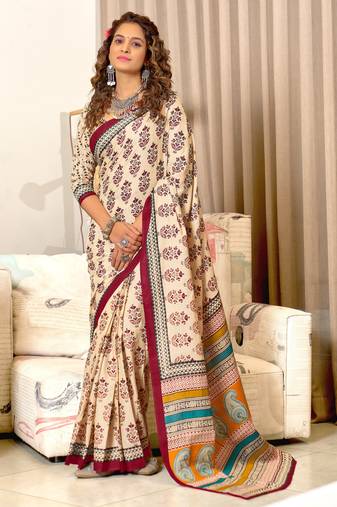 Cream mulmul cotton printed  fancy saree with blouse