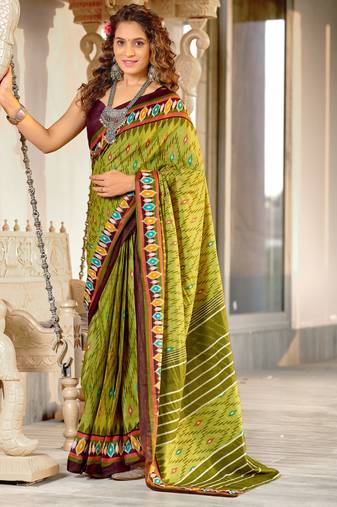 Green mulmul cotton printed  fancy saree with blouse