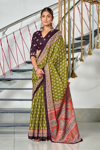 Mehendi mulmul cotton printed  fancy saree with blouse