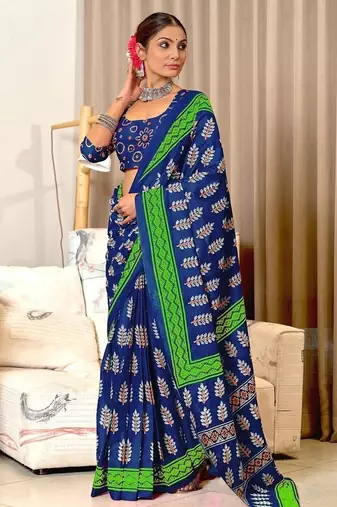 Blue mulmul cotton printed fancy saree with blouse