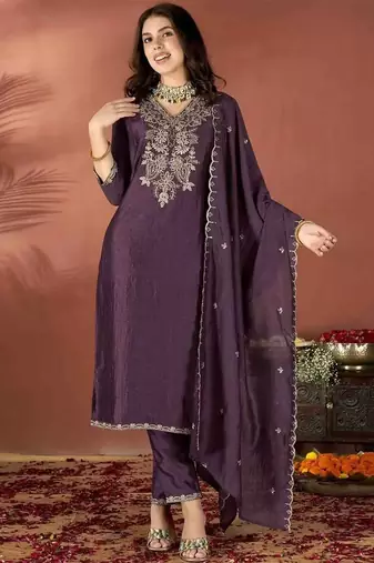 silk blend embroidered kurta set with matching silk blend dupatta