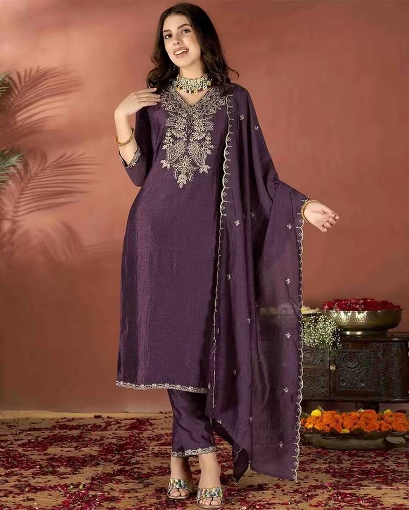 silk blend embroidered kurta set with matching silk blend dupatta