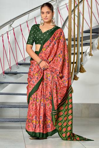 Peach soft pure cotton printed fancy  saree with blouse