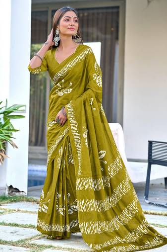 Mehendi soft pure cotton printed fancy saree with blouse