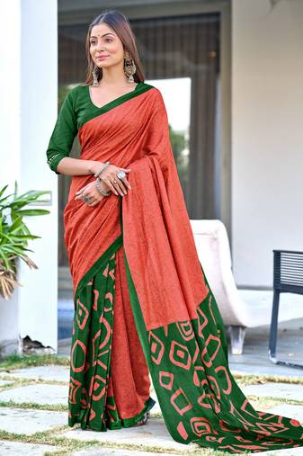 Orange soft pure cotton printed fancy saree with blouse
