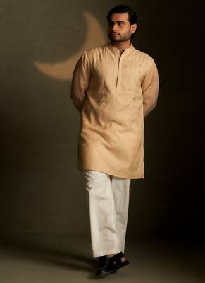Beige plain chanderi kurta pajama 1