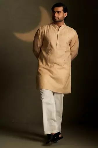 Beige plain chanderi kurta pajama