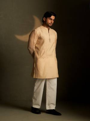 Beige plain chanderi kurta pajama 3