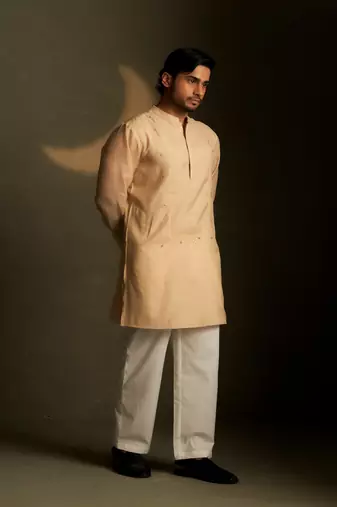 Beige plain chanderi kurta pajama