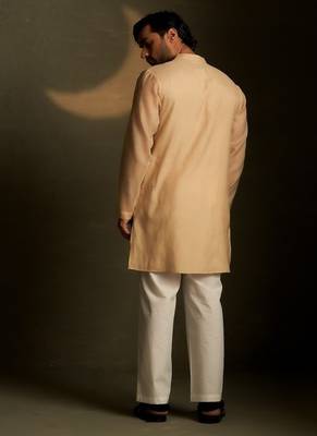 Beige plain chanderi kurta pajama 4