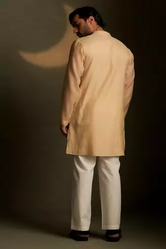 Beige plain chanderi kurta pajama