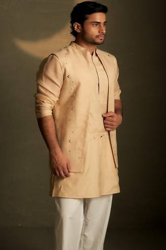 Beige plain chanderi nehru jacket set