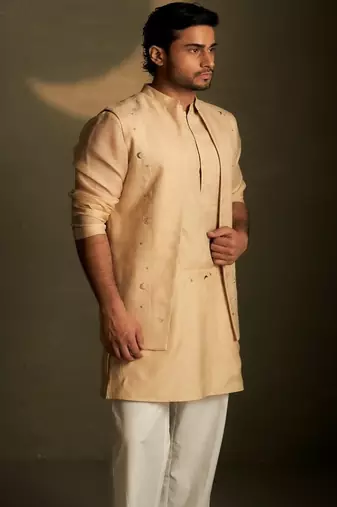 Beige plain chanderi nehru jacket set
