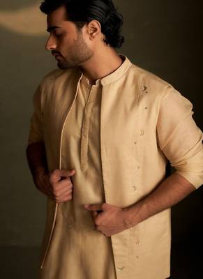 Beige plain chanderi nehru jacket set 2