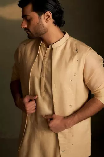 Beige plain chanderi nehru jacket set