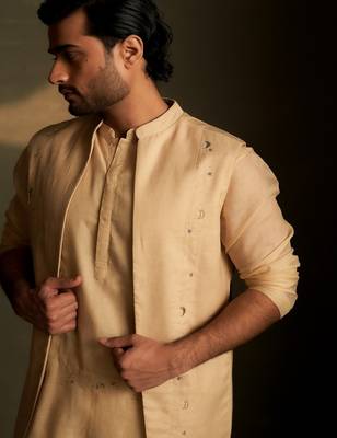 Beige plain chanderi nehru jacket set 3