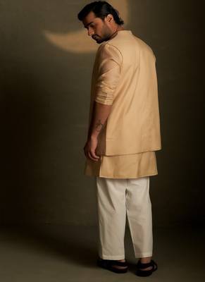 Beige plain chanderi nehru jacket set 4