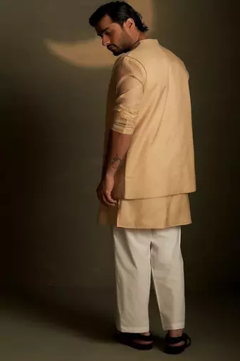 Beige plain chanderi nehru jacket set