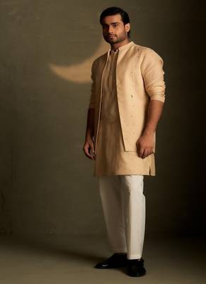 Beige plain chanderi nehru jacket set 5