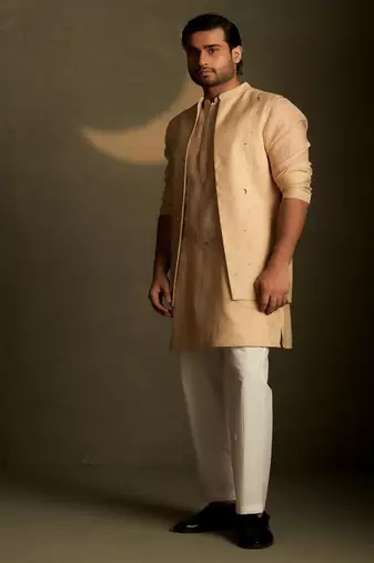 Beige plain chanderi nehru jacket set