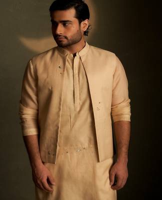 Beige plain chanderi nehru jacket set 2