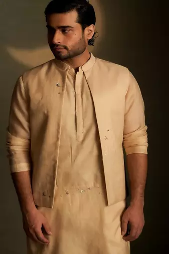 Beige plain chanderi nehru jacket set