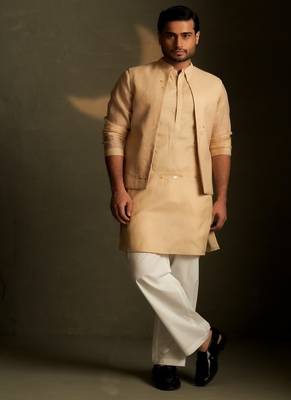 Beige plain chanderi nehru jacket set 3