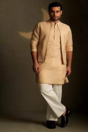 Beige plain chanderi nehru jacket set