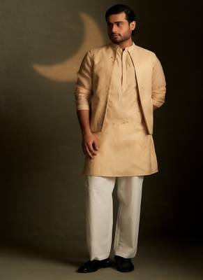 Beige plain chanderi nehru jacket set 1