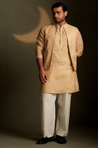 Beige plain chanderi nehru jacket set