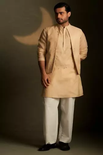Beige plain chanderi nehru jacket set
