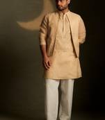 Beige plain chanderi nehru jacket set