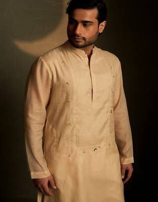 Beige plain chanderi nehru jacket set 4
