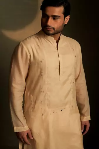 Beige plain chanderi nehru jacket set