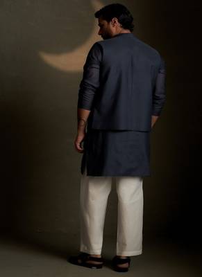 Beige plain chanderi nehru jacket set 2