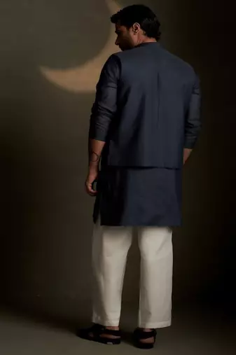 Beige plain chanderi nehru jacket set