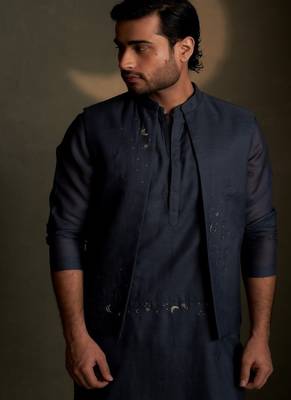 Beige plain chanderi nehru jacket set 3