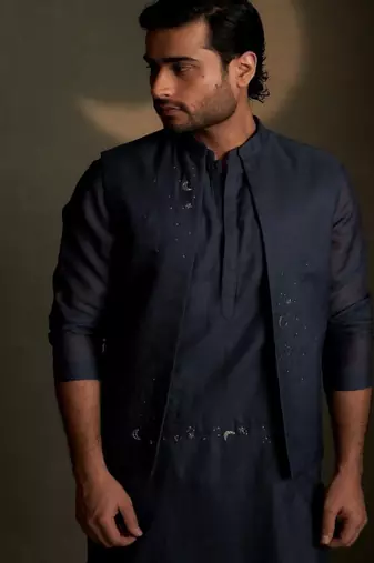 Beige plain chanderi nehru jacket set